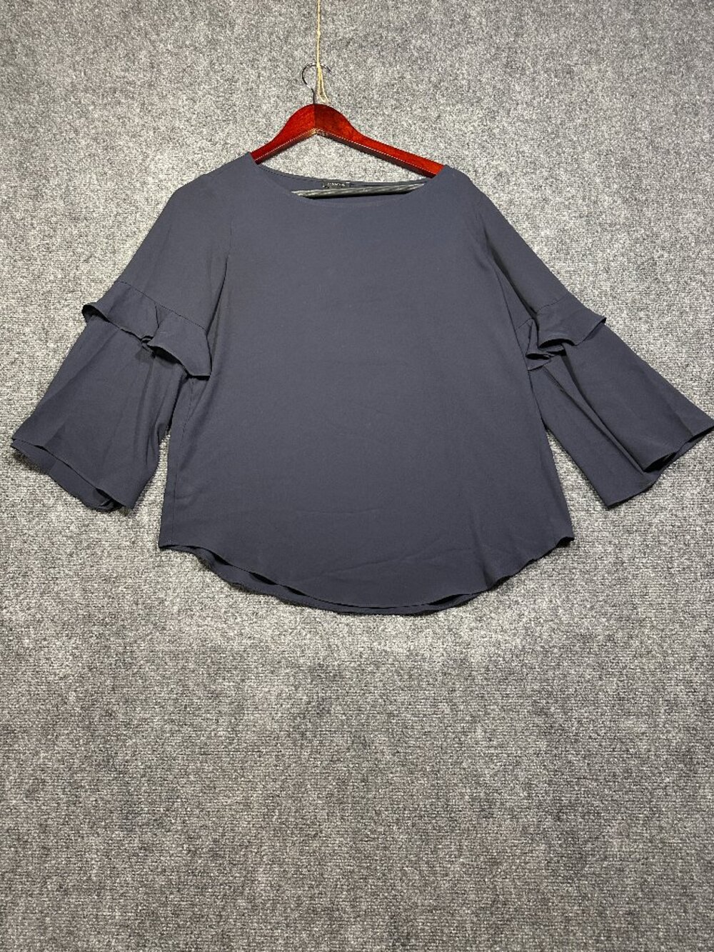 Ann Taylor Blouse Womens Small Navy Blue 3/4 Ruffle Sleeve Curved Hem Top